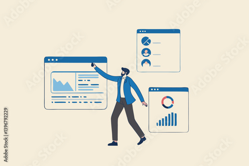 Self-service software or application to help users get results themselves, online help or assistance, resource management, or an electronic automated report co businessman using self-service software.