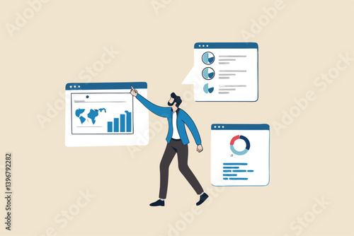 Self-service software or application to help users get results themselves, online help or assistance, resource management, or an electronic automated report co businessman using self-service software.
