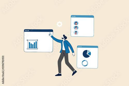 Self-service software or application to help users get results themselves, online help or assistance, resource management, or an electronic automated report co businessman using self-service software.