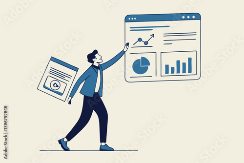 Self-service software or application to help users get results themselves, online help or assistance, resource management, or an electronic automated report co businessman using self-service software.