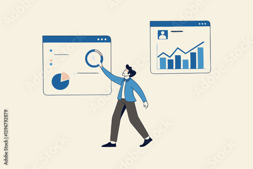 Self-service software or application to help users get results themselves, online help or assistance, resource management, or an electronic automated report co businessman using self-service software.