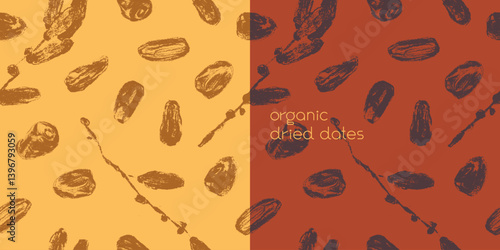 Organic dried dates seamless pattern – hand-drawn vector illustration of date branches. Earthy yellow, terracotta colors background, for eco-friendly packaging, organic food branding, natural produce