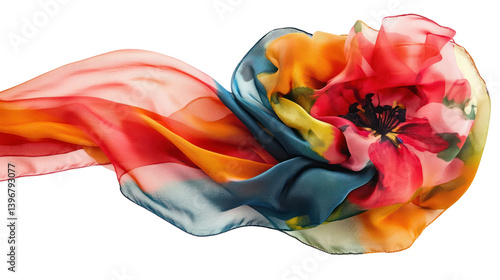 Vibrant silk scarf with floral design flowing gracefully against a transparent background, ideal for fashion and textile showcases