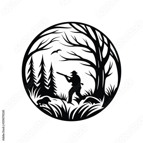 Hunter Aiming Rifle Silhouette, Wildlife, Bird and Animals, Forest Tree