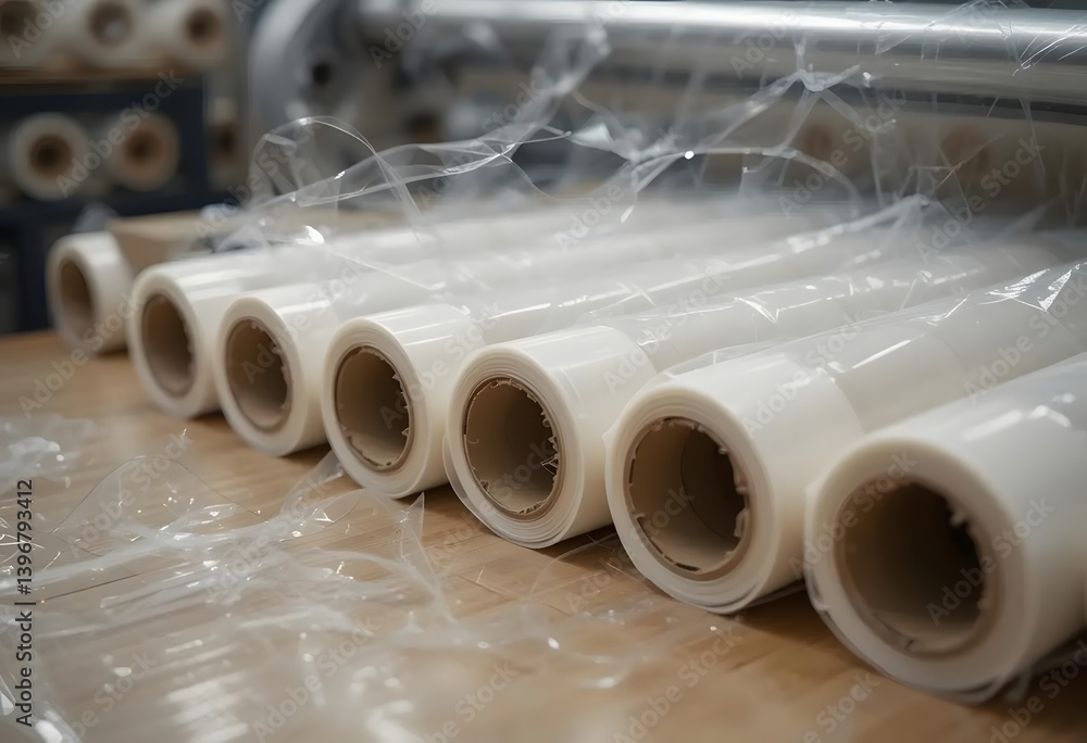 Rolls of Plastic Film on Machine Ready for Packaging Rolls of Plastic Film on Machine Ready for Packaging