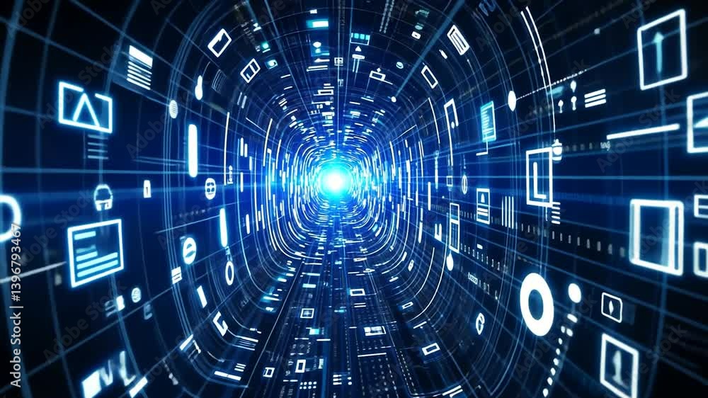 Futuristic digital tunnel with glowing blue data streams and symbols. Futuristic digital tunnel with glowing blue data streams and symbols.