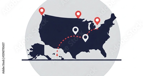 Map of the United States with red and white location markers connected by a dotted red line within a circular frame.