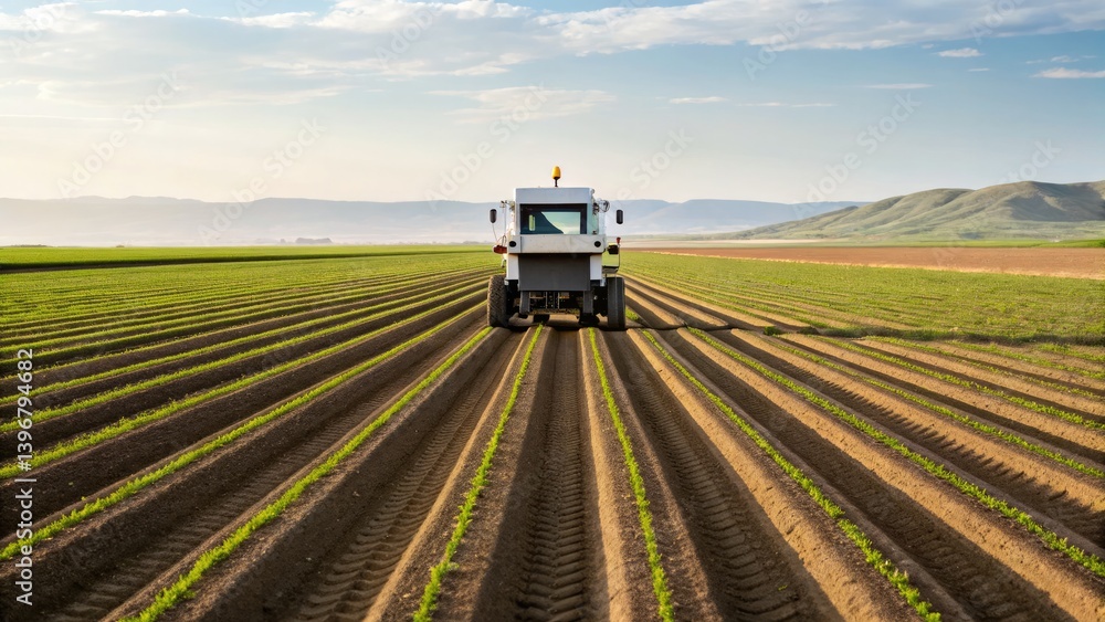 Obraz premium Autonomous Systems Safety Control concept, A tractor plows a vast field under a clear sky, showcasing rows of fresh crops and distant hills.