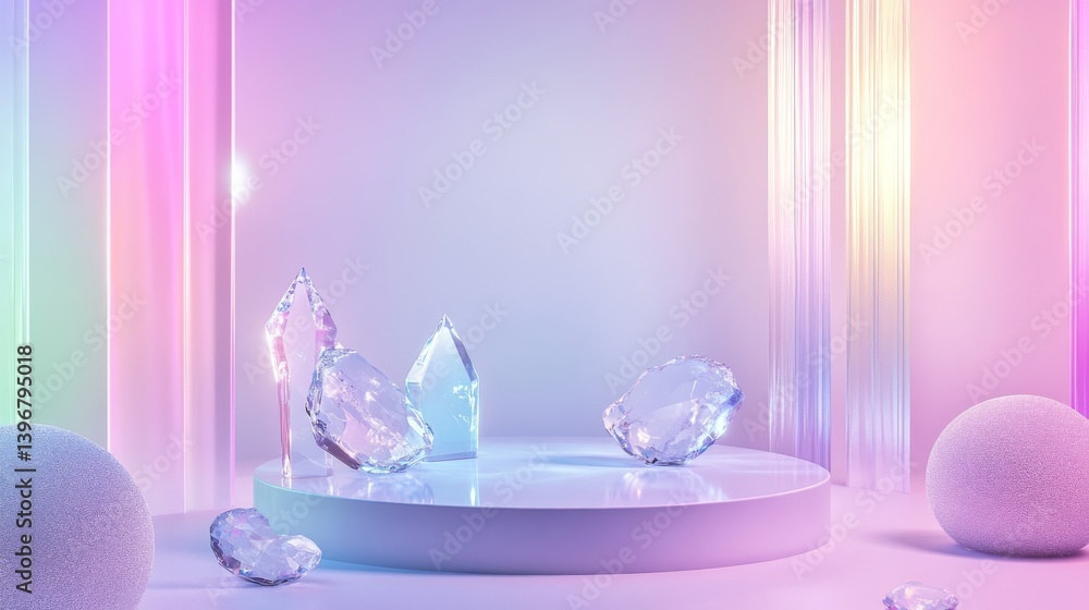 Minimalist glass podium arrangement with fractured crystal formations, suspended in zero gravity, ethereal bokeh effects in pastel rainbow hues, ultra-premium cosmetic display environment, top Minimalist glass podium arrangement with fractured crystal formations, suspended in zero gravity, ethereal bokeh effects in pastel rainbow hues, ultra-premium cosmetic display environment, top