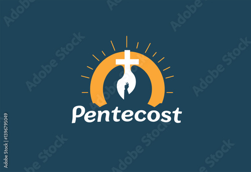 Pentecost Logo Design Featuring Cross and Silhouette. A vibrant logo for Pentecost featuring a silhouette of a person holding a cross surrounded by sunburst graphic in a warm orange hue