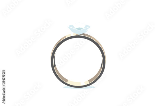 Elegant Gold Engagement Ring with a Sparkling Diamond. A 3/4 view of a gold engagement ring featuring a sparkling light blue diamond set in a simple elegant band