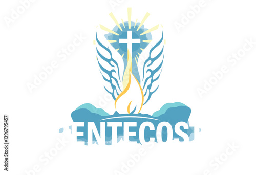 Pentecost Logo Featuring Wings/Cross and Flame. A vibrant logo design representing Pentecost a significant Christian holiday