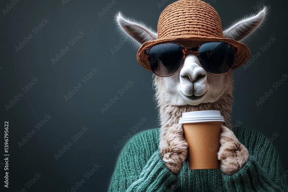 Fototapeta premium Llama wearing sunglasses and a straw hat is holding a cup. The image has a playful and lighthearted mood, as the llama is dressed up in a human-like manner