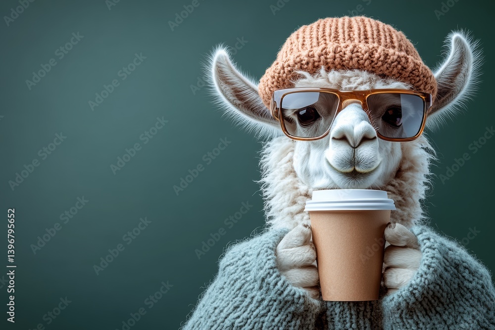 Obraz premium Llama wearing glasses and a knit hat holding a coffee cup. The image has a playful and lighthearted mood, as the llama is dressed up in human-like clothing and accessories