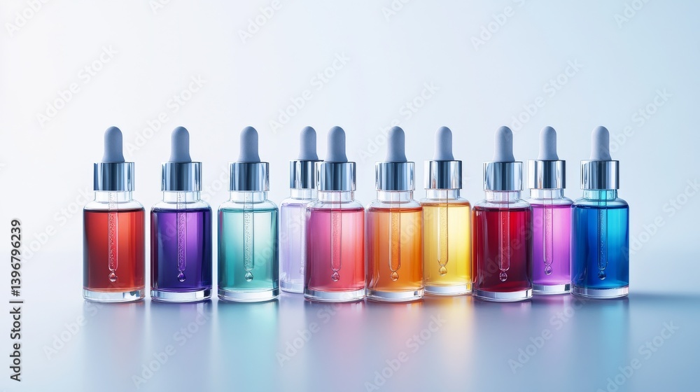 Laboratory-style presentation of premium glass vessels containing spectrum of colorful hyaluronic compounds, silver-capped droppers reflecting light, geometric arrangement on clinical white surface, Laboratory-style presentation of premium glass vessels containing spectrum of colorful hyaluronic compounds, silver-capped droppers reflecting light, geometric arrangement on clinical white surface,