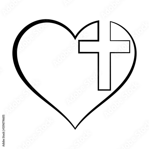 Illustration heart embracing a Christian cross, representing faith and love