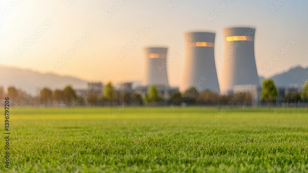 Green grass field in front of cooling towers at sunset, showcasing industrial landscape and nature harmony Green grass field in front of cooling towers at sunset, showcasing industrial landscape and nature harmony