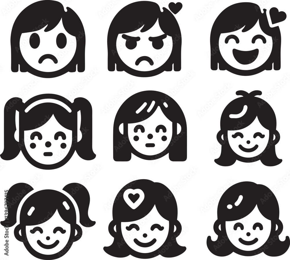 Girls Emoji face set with feminine expressions in flat silhouette vector illustration design Girls Emoji face set with feminine expressions in flat silhouette vector illustration design