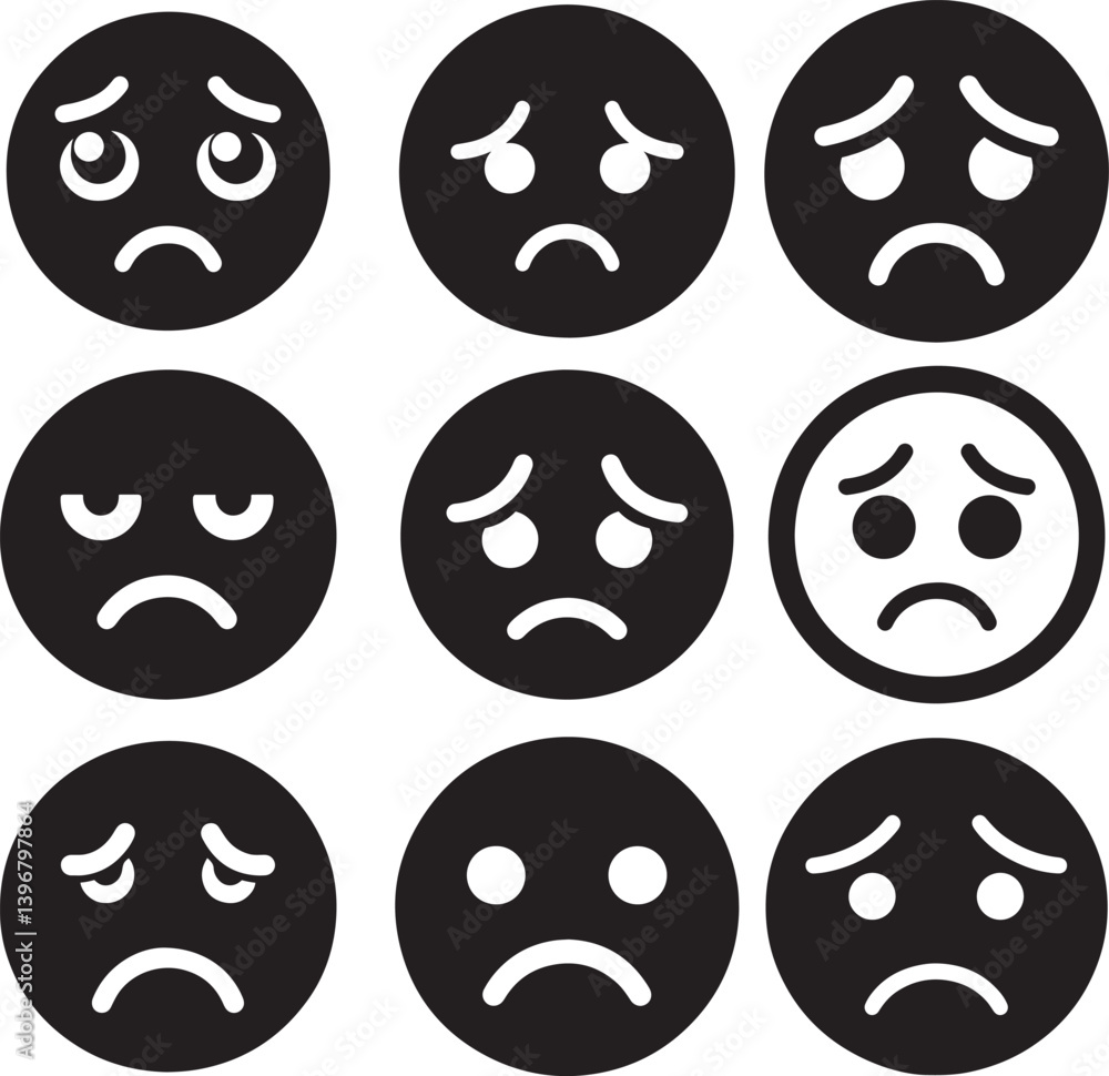 Emoji face with sad expression set in flat silhouette vector illustration design Emoji face with sad expression set in flat silhouette vector illustration design