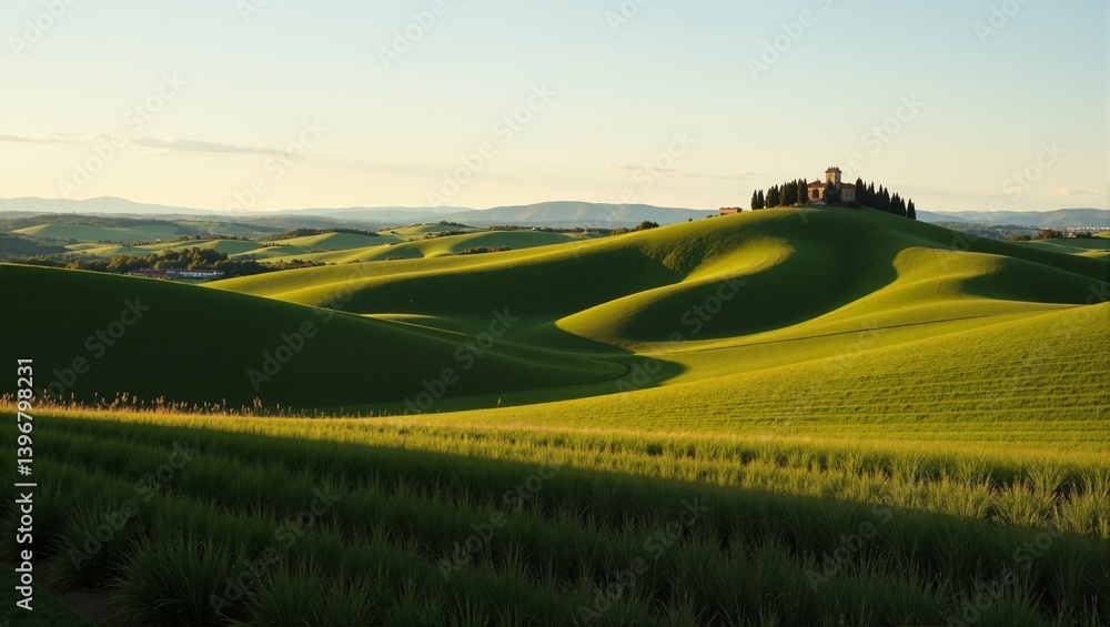 Obraz premium Rolling Tuscan Fields in Italy Siena with rolling hills, golden grass, and clear blue sky. Concept of peace and tranquility in Rolling Tuscan Fields in Italy Siena landscape.