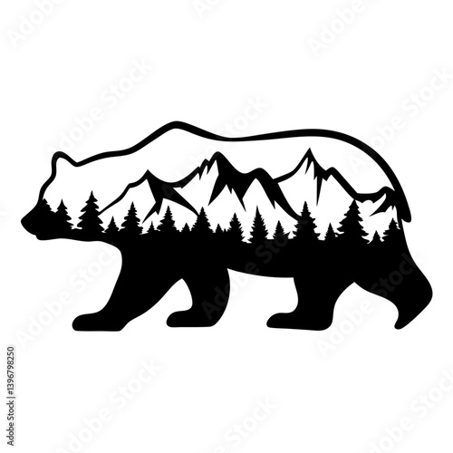 Bear Silhouette with Mountain and Forest Landscape Inside in Black and White