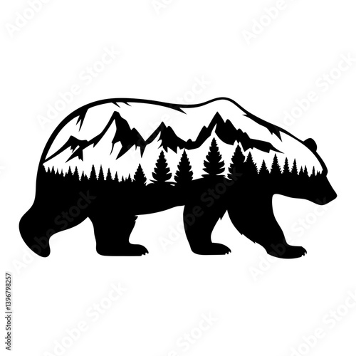 Bear silhouette with mountains and forest trees inside the bear shape design