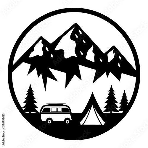 Black and white camping scene featuring mountains, trees, a tent and van