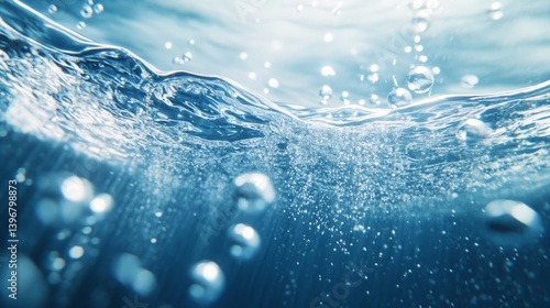 Cerulean blue water with silk-like rippling motion, ascending pearlescent bubbles creating vertical trails, refracted sunlight producing kaleidoscopic underwater effects, ultra pure liquid surface