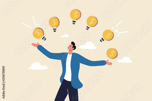 Idea to make money, entrepreneur to invent and make profit from new idea, investing strategy or creativity to earn money concept, businessman entrepreneur juggling lightbulb and money dollar coin.