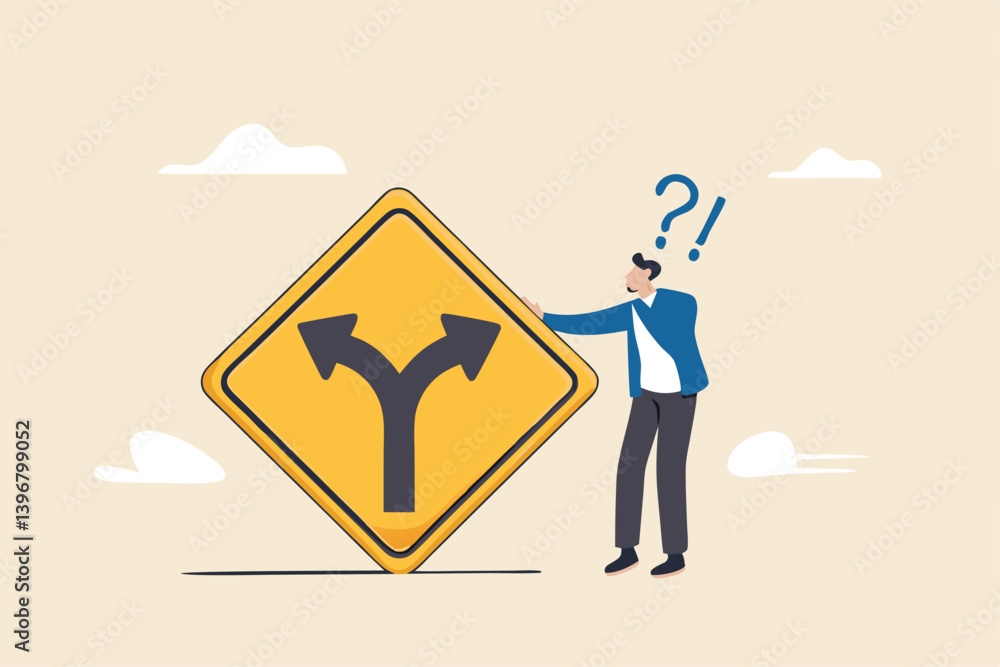 Decision to choose pathway, alternative or choice, deciding career path, determination or thinking to find solution concept, contemplation businessman thinking which way to go on folk road sign. Decision to choose pathway, alternative or choice, deciding career path, determination or thinking to find solution concept, contemplation businessman thinking which way to go on folk road sign.
