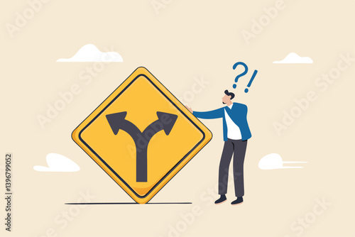 Decision to choose pathway, alternative or choice, deciding career path, determination or thinking to find solution concept, contemplation businessman thinking which way to go on folk road sign.