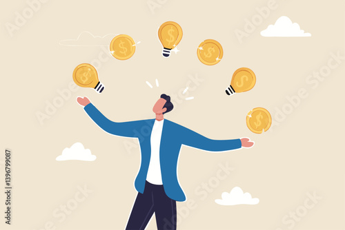Idea to make money, entrepreneur to invent and make profit from new idea, investing strategy or creativity to earn money concept, businessman entrepreneur juggling lightbulb and money dollar coin.
