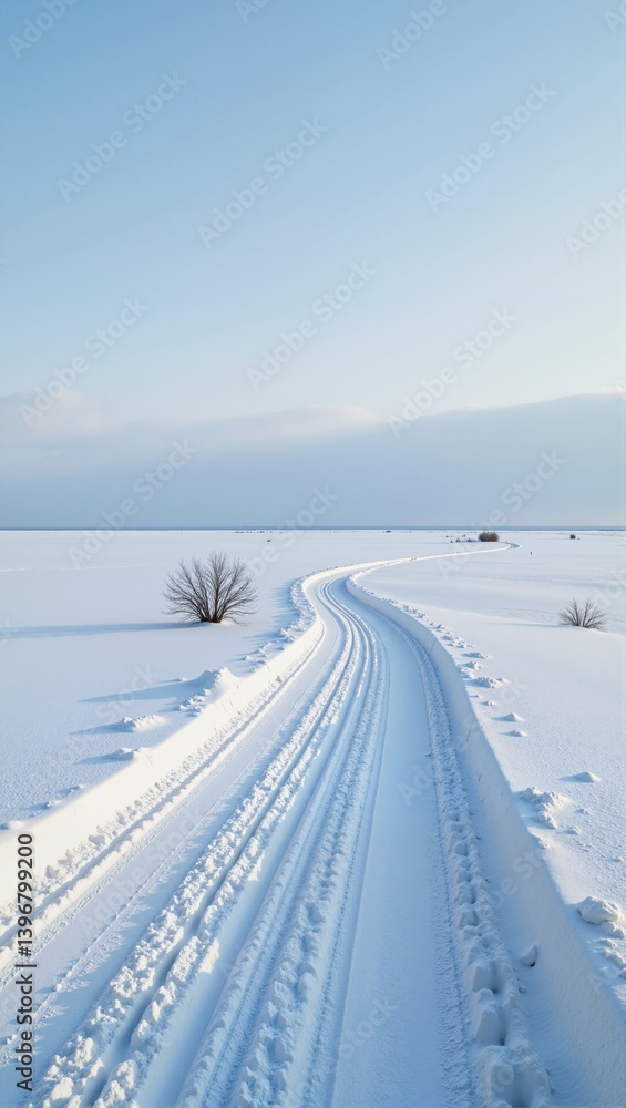 Russian Snowy Steppes landscape features vast snow-covered ground, clear blue sky, long road with tire tracks, small shrubs. Concept of Russian Snowy Steppes evokes serenity and tranquility. Russian Snowy Steppes landscape features vast snow-covered ground, clear blue sky, long road with tire tracks, small shrubs. Concept of Russian Snowy Steppes evokes serenity and tranquility.
