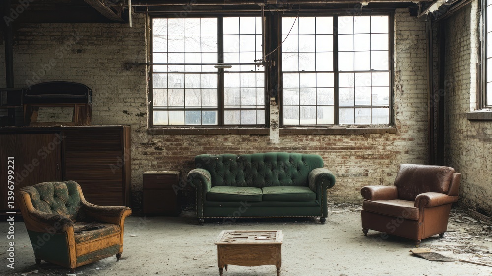 Abandoned Factory Interior:  A glimpse into a forgotten space, filled with aged furniture and worn brick walls, bathed in natural light streaming through large windows.