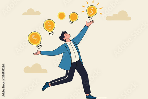 Idea to make money, entrepreneur to invent and make profit from new idea, investing strategy or creativity to earn money concept, businessman entrepreneur juggling lightbulb and money dollar coin.