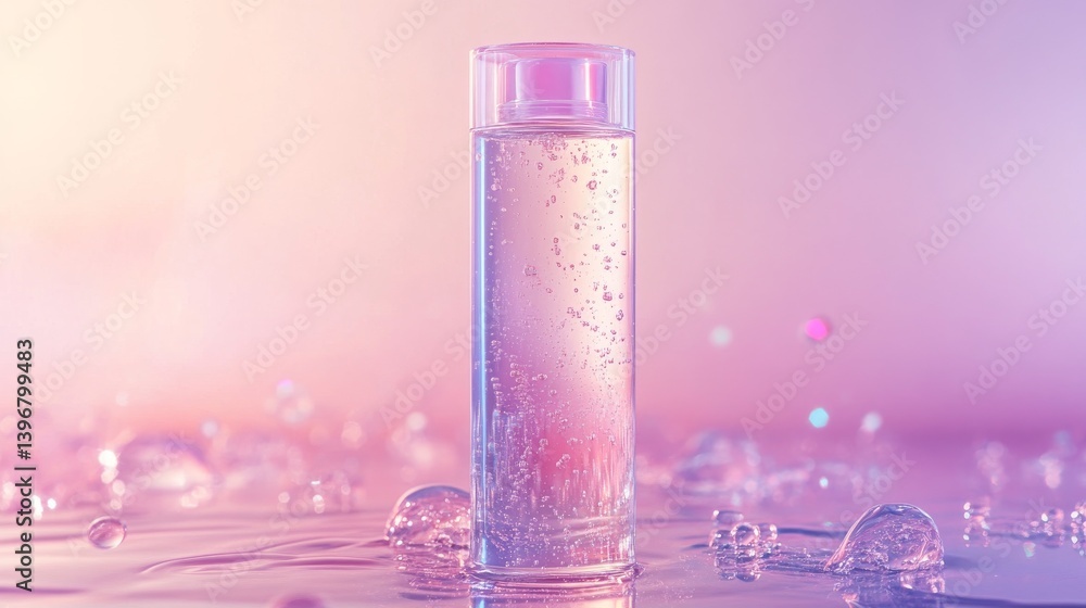 Elegant tall transparent bottle with dual-phase sun protection liquid visible inside, floating water particles surrounding bottle, opalescent backdrop with gentle gradient, studio lighting creating Elegant tall transparent bottle with dual-phase sun protection liquid visible inside, floating water particles surrounding bottle, opalescent backdrop with gentle gradient, studio lighting creating