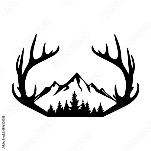 Minimalist black silhouette of deer antlers framing mountains and evergreen trees