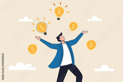 Idea to make money, entrepreneur to invent and make profit from new idea, investing strategy or creativity to earn money concept, businessman entrepreneur juggling lightbulb and money dollar coin.