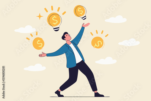 Idea to make money, entrepreneur to invent and make profit from new idea, investing strategy or creativity to earn money concept, businessman entrepreneur juggling lightbulb and money dollar coin.