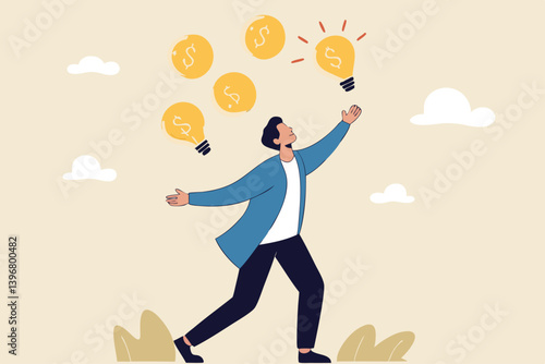 Idea to make money, entrepreneur to invent and make profit from new idea, investing strategy or creativity to earn money concept, businessman entrepreneur juggling lightbulb and money dollar coin.