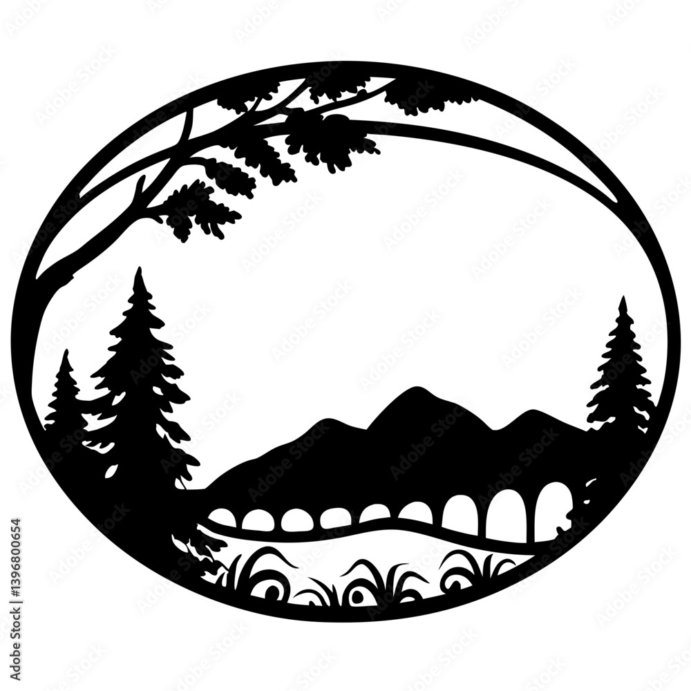 Scenic Landscape in Oval Frame Mountains, Trees, Bridge, and Grass Scenic Landscape in Oval Frame Mountains, Trees, Bridge, and Grass