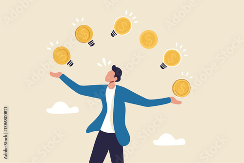 Idea to make money, entrepreneur to invent and make profit from new idea, investing strategy or creativity to earn money concept, businessman entrepreneur juggling lightbulb and money dollar coin.