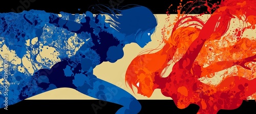 Obraz na płótnie Fire versus water female ninja warrior. Red versus blue. Generative AI technology.
w salonie