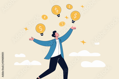 Idea to make money, entrepreneur to invent and make profit from new idea, investing strategy or creativity to earn money concept, businessman entrepreneur juggling lightbulb and money dollar coin.