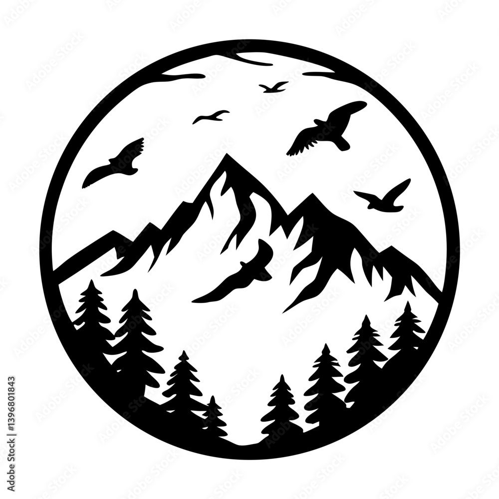 Majestic Mountain Landscape with Birds in Flight Encircled by a Circular Frame Majestic Mountain Landscape with Birds in Flight Encircled by a Circular Frame