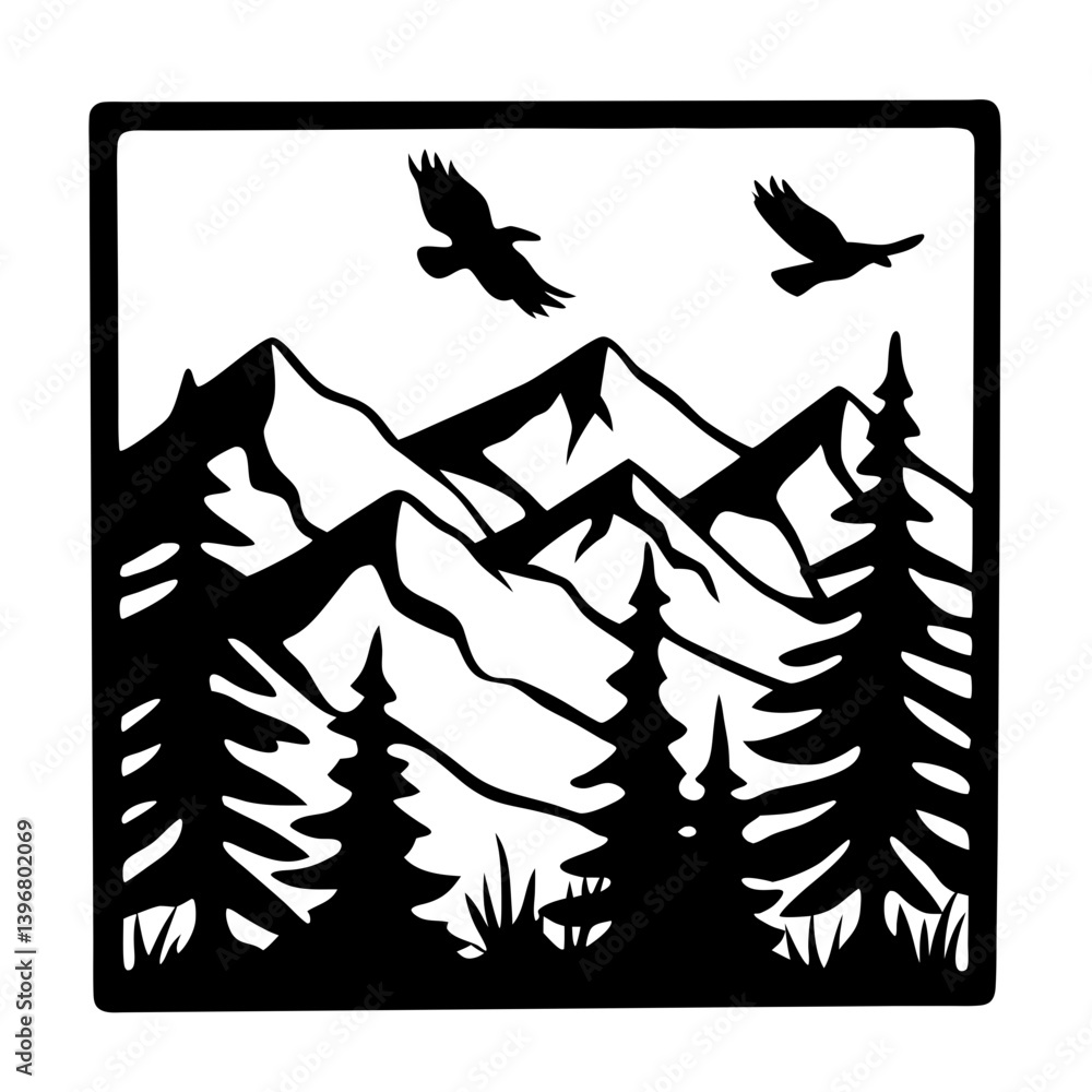 Majestic Mountain Landscape with Soaring Birds and Evergreen Trees Majestic Mountain Landscape with Soaring Birds and Evergreen Trees