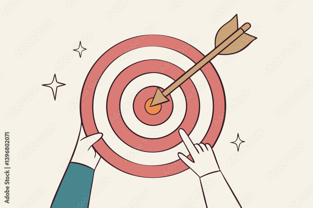 Goal or target, focus and concentration to achieve success, purpose or objective, aiming at target bullseye, accuracy, challenge and aspiration, businessman hand hold target with arrow hit bullseye. Goal or target, focus and concentration to achieve success, purpose or objective, aiming at target bullseye, accuracy, challenge and aspiration, businessman hand hold target with arrow hit bullseye.