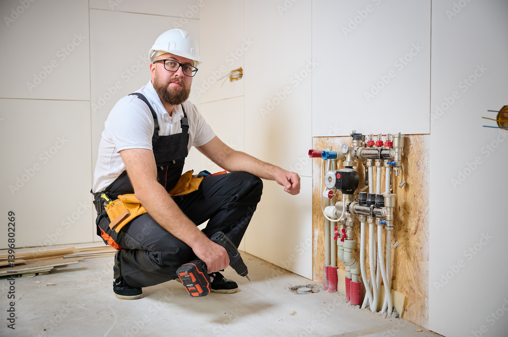 Man adjusting the heating system in a new apartment. Plumber adjusting heat on the central system valves. Service man adjusting house heating system. Underfloor heating system. Man checking pipe Man adjusting the heating system in a new apartment. Plumber adjusting heat on the central system valves. Service man adjusting house heating system. Underfloor heating system. Man checking pipe