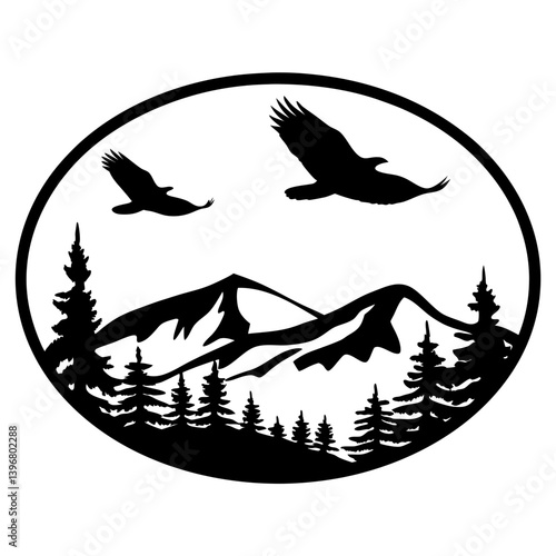 Majestic Mountain Landscape with Two Eagles in Flight A Stunning Black and White Illustration