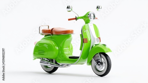 Green scooter with a brown seat and a brown handlebar. The scooter is parked on a white background